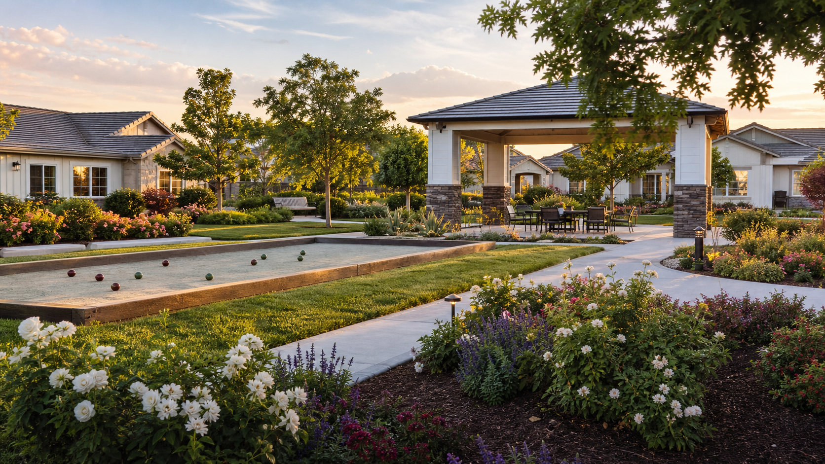 Bocce court, garden beds, and a shaded pavilion at Del Webb at Woodbridge in Manteca