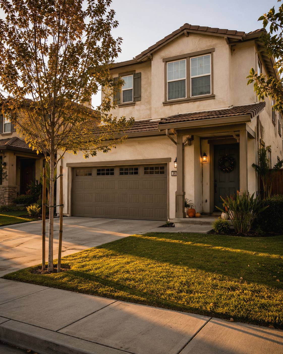 The front of a two-story stucco home at golden hour, seen from the sidewalk